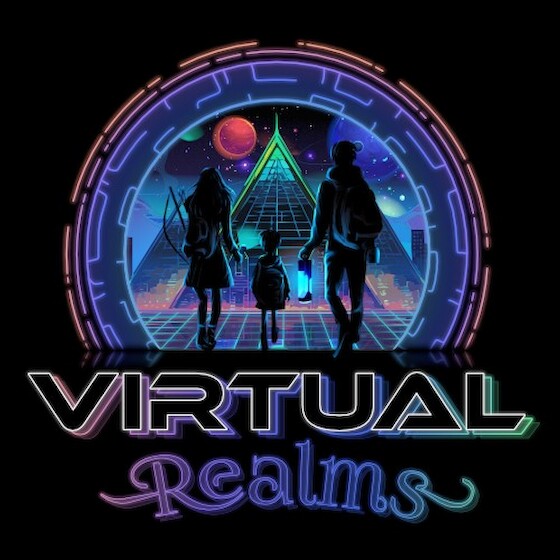 Virtual Realms logo - A silhouette of two adults and a child walking through a colorful, futuristic portal with a sci-fi pyramid and planets in the distance.